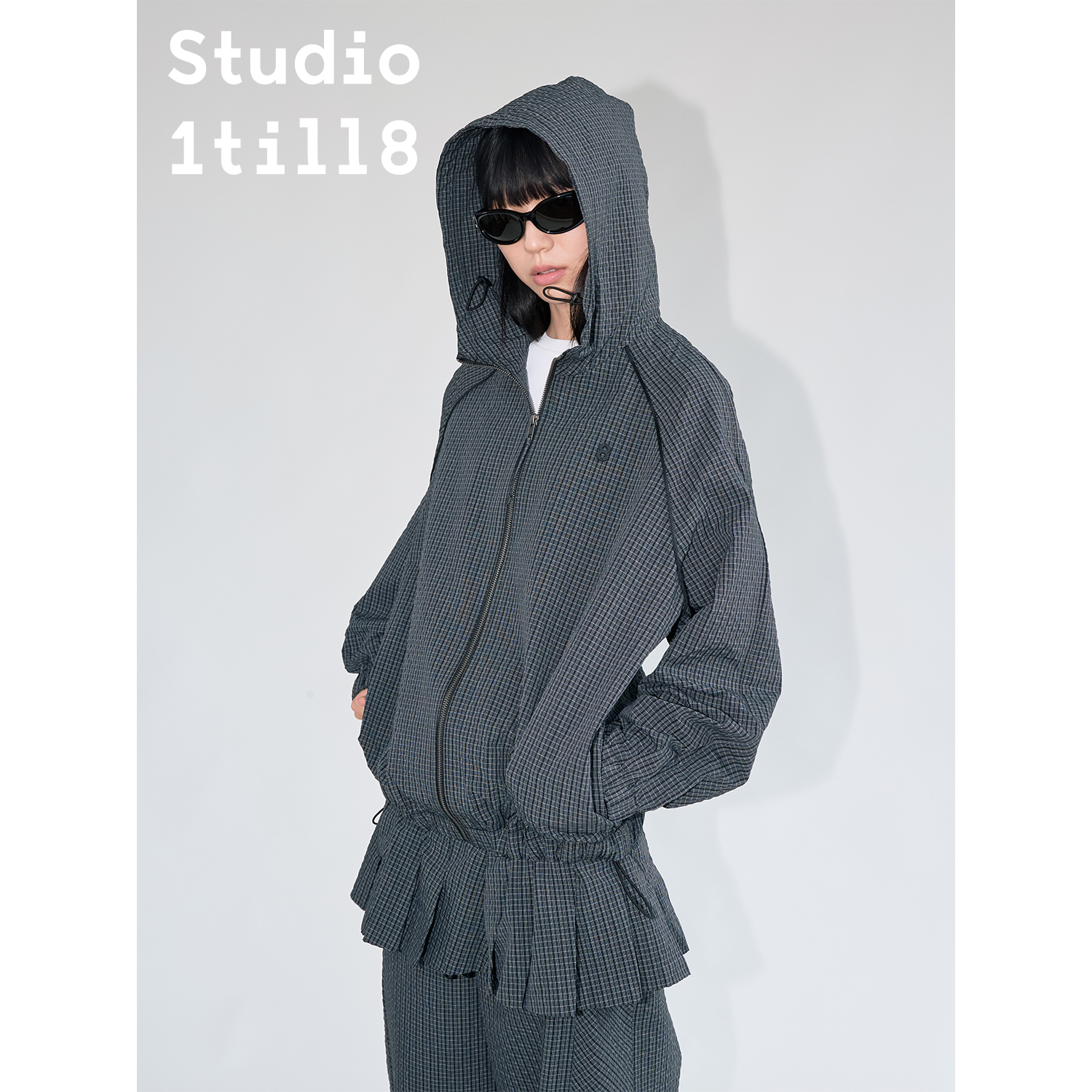 Studio1till8 秋季格纹学院风短款假两件运动连帽长袖卫衣连衣裙