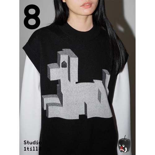 Studio1till8  宽松圆领无袖针织衫原创小狗提花设计感马甲