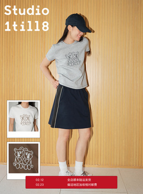 Studio1till8 马赛克小熊 果冻感棉修身短袖上衣圆领正肩T恤女夏