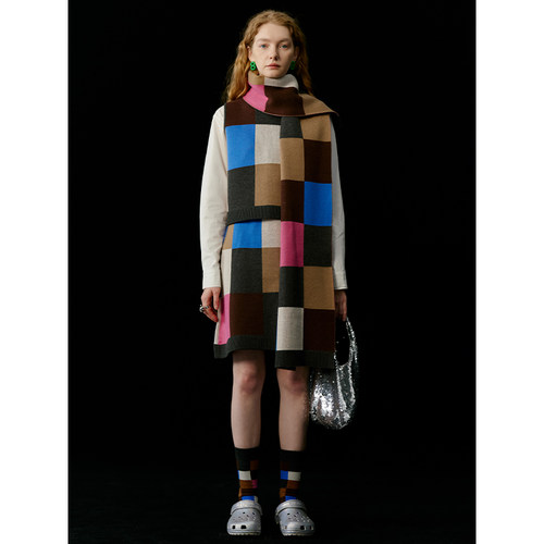 撞色格子小高领针织套装