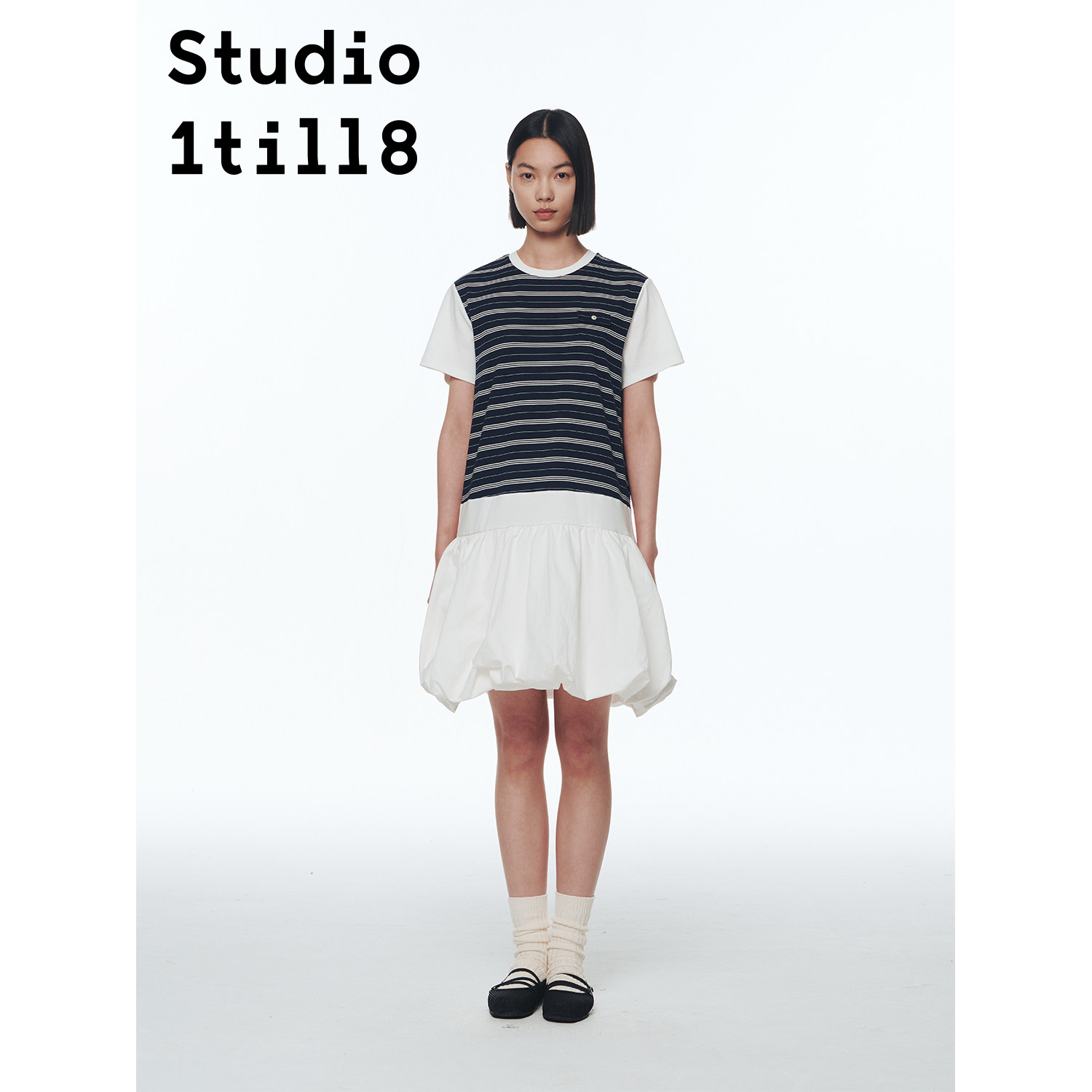 Studio1till8 学院风宽松假两件T恤拼接花苞裙条纹撞色连衣裙 - 实物图