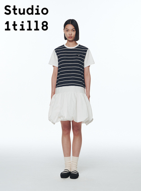 Studio1till8 学院风宽松假两件T恤拼接花苞裙条纹撞色连衣裙