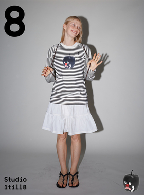 Studio1till8 牙痛苹果印花基础款上衣条纹插肩袖长袖T恤女春