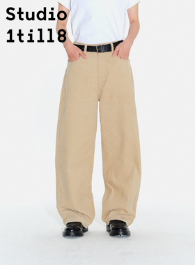 Studio1till8 藏青/米色灯芯绒休闲裤女直筒宽松高腰阔腿长裤