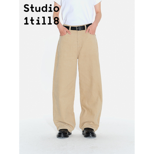 Studio1till8 藏青/米色灯芯绒休闲裤女直筒宽松高腰阔腿长裤
