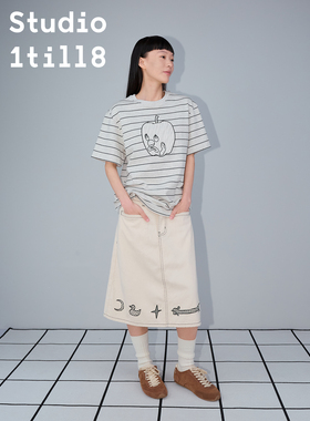 Studio1till8 全棉色织面料牙痛苹果贴布绣工艺宽松夏季短袖T恤女