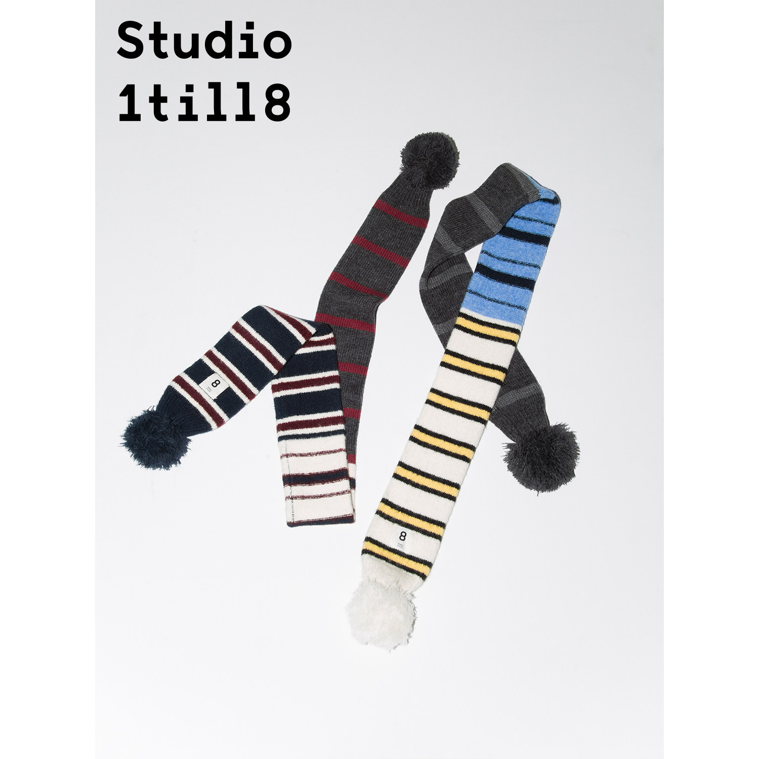 Studio1till8 秋冬柔软保暖针织长巾毛茸茸球撞色拼接条纹围巾女