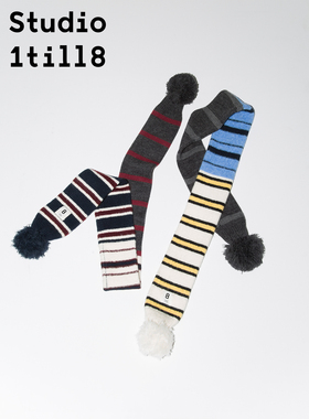 Studio1till8 秋冬柔软保暖针织长巾毛茸茸球撞色拼接条纹围巾女