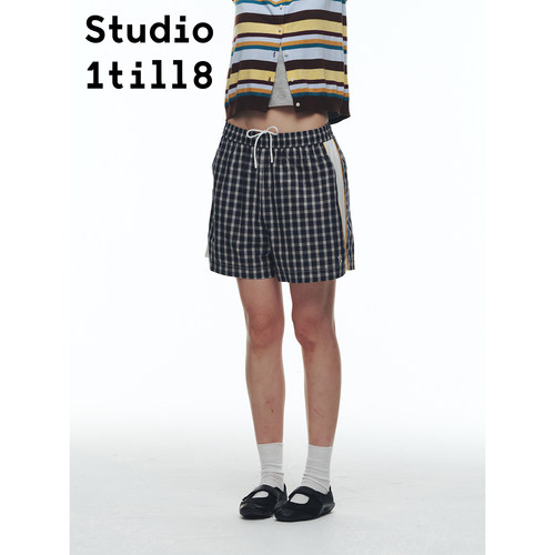 Studio1till8格纹拼接抽绳短裤