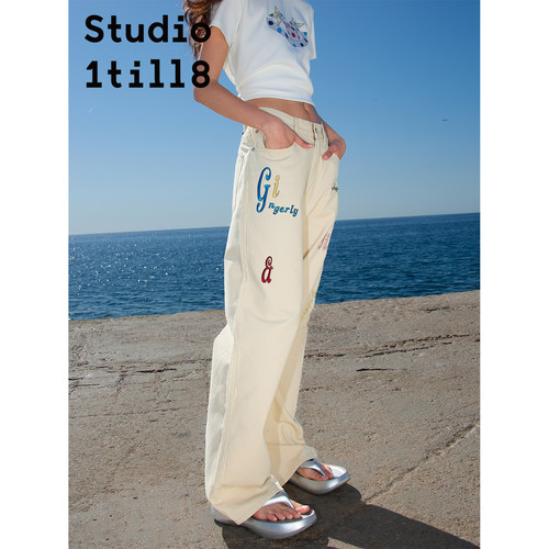Studio1till8字母刺绣帆布长裤