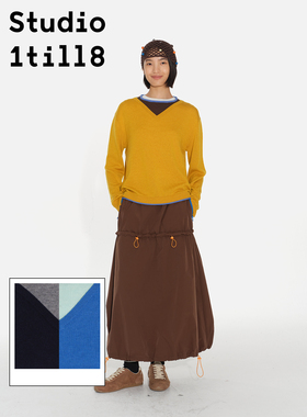Studio1till8 藏青/蓝色/黄色 假两件拼接设计毛衣羊毛混纺针织衫
