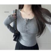 入秋BI备 内搭上衣 打底纯色T恤纽扣长袖 螺纹正肩tee亨利衫 修身