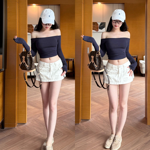 复古设计感 低腰牛仔短裙白色超短裙裤 翘臀热裤假两件小个子辣妹