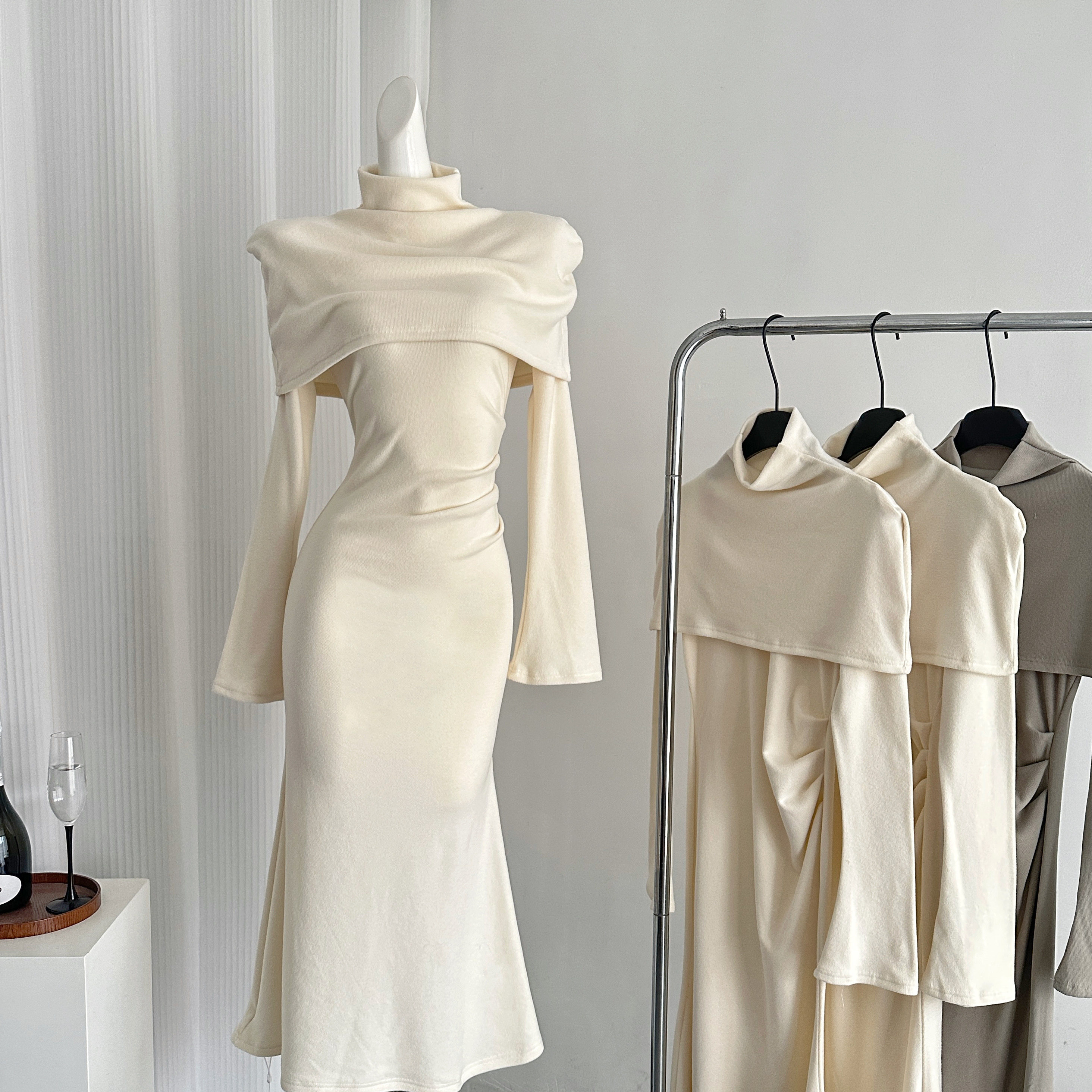 小伍家可脱卸披肩V领长袖针织连衣裙女褶皱收腰显瘦鱼尾裙,女装/女士精品,连衣裙,淘宝优惠券,粉丝福利购,淘宝优惠卷