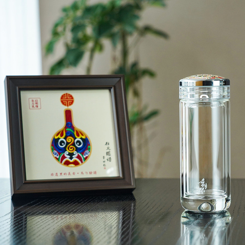 启明缘新款脸谱杯配刺绣相框套装双层隔热防烫水杯商务定制茶杯