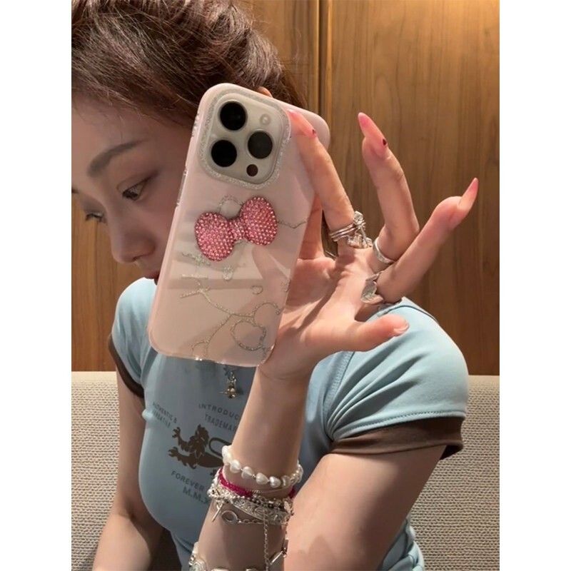 少女粉猫咪满钻蝴蝶结适用苹果iPhone17promax手机壳iphone13女款15高级感14小众时尚16防摔14pro保护套潮