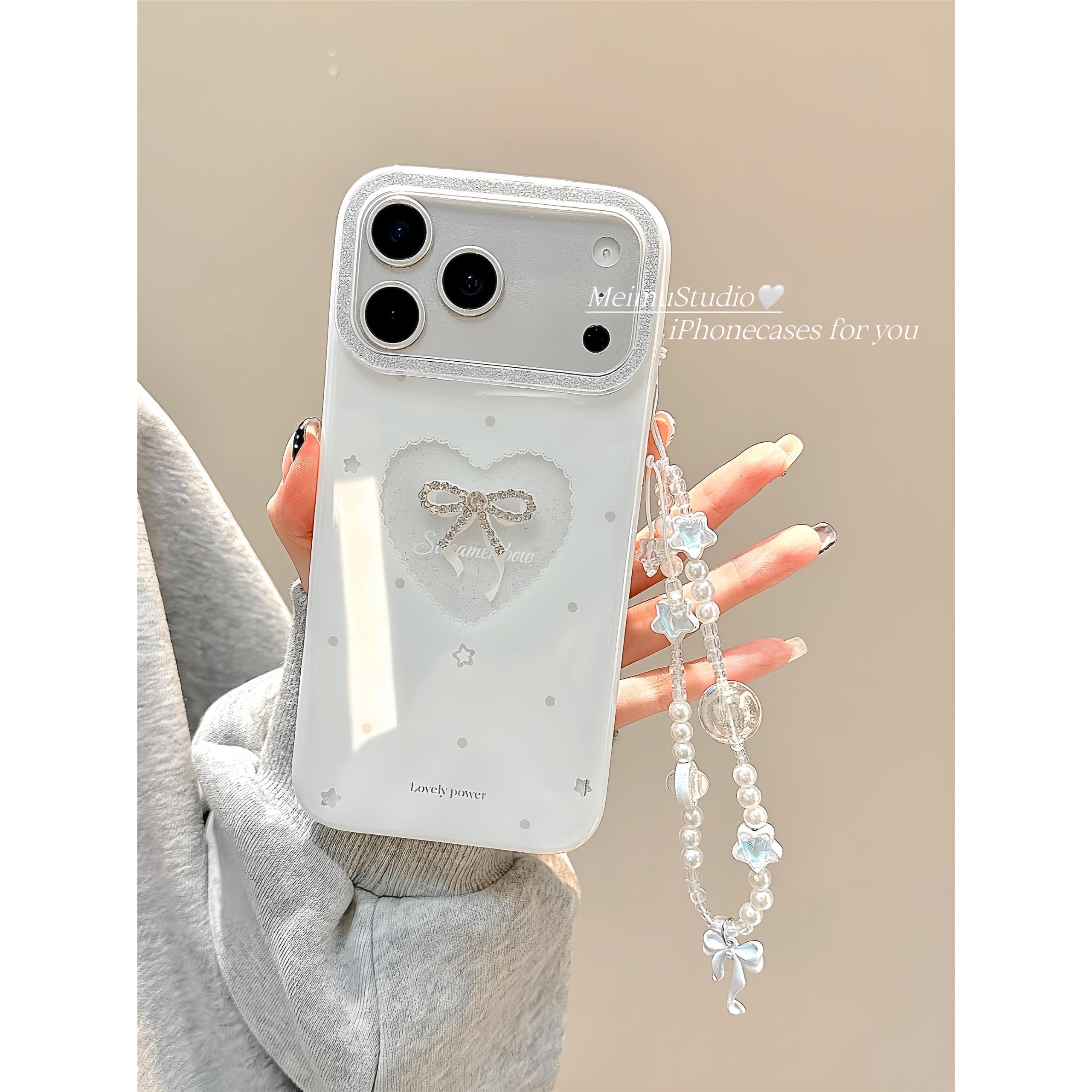 ins简约镂空爱心点钻蝴蝶结适用苹果iphone17promax手机壳16pro女款15带链条17闪粉14pm少女13韩风16全包哇塞