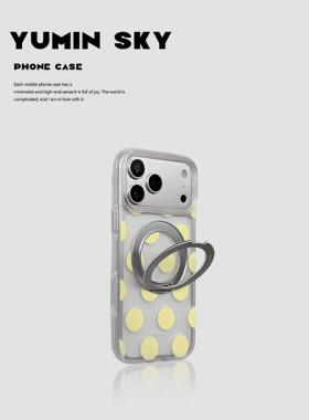 适用ins韩风黄色波点360度旋转支架iPhone17promax苹果16pro手机壳17pro高级感15pro透明防摔女款16简约15p潮