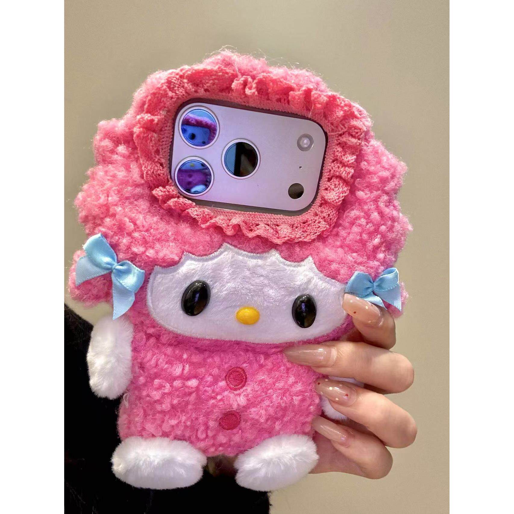 可爱卡通毛绒立体必爱诺小羊适用苹果iPhone17promax手机壳iPhone16女款15pro少女14pro新款13粉色系17潮流感