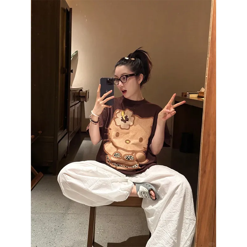 可爱豹纹凯蒂猫印花短袖睡衣女春夏季新款家居服大码长裤休闲套装