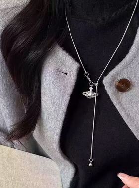 珍珠锆石土星可抽拉毛衣链女2025新款秋冬轻奢设计感高级锁骨链