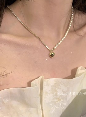 不对称小方块珍珠爱心吊坠项链