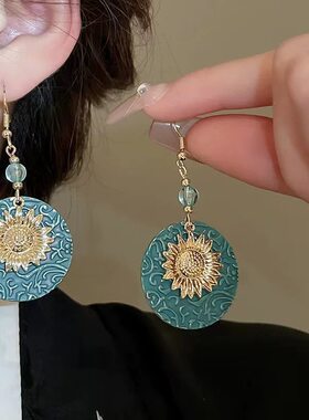 民族风向日葵圆盘耳环女新中式国风汉服耳坠中古做旧小众独特耳饰
