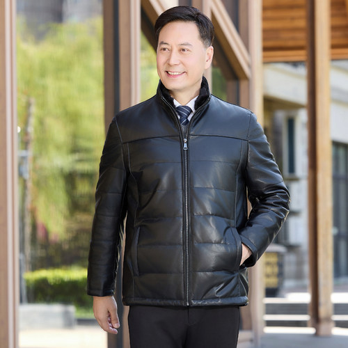 海宁真皮羽绒服男短款皮夹克加绒