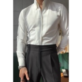 男士 时尚 优雅一片领潮流痞帅白衬衫 奚哲 立领长袖 免烫商务