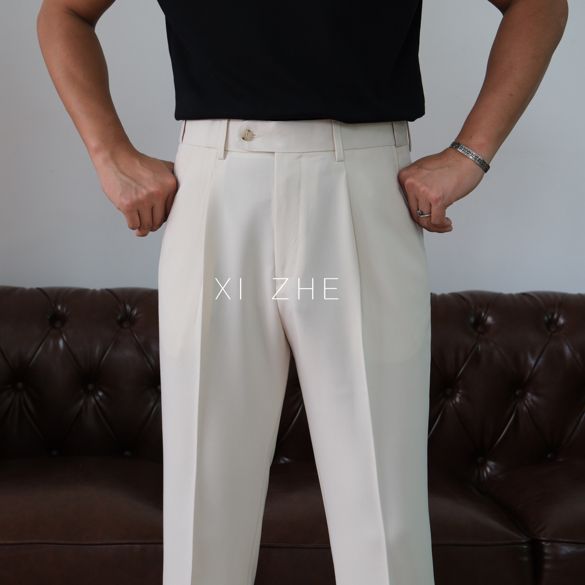 奚哲新款男士多色中高腰直筒锥形版松紧弹力腰西裤
