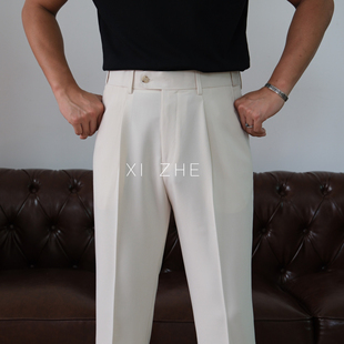 奚哲新款男士多色中高腰直筒锥形版松紧弹力腰西裤