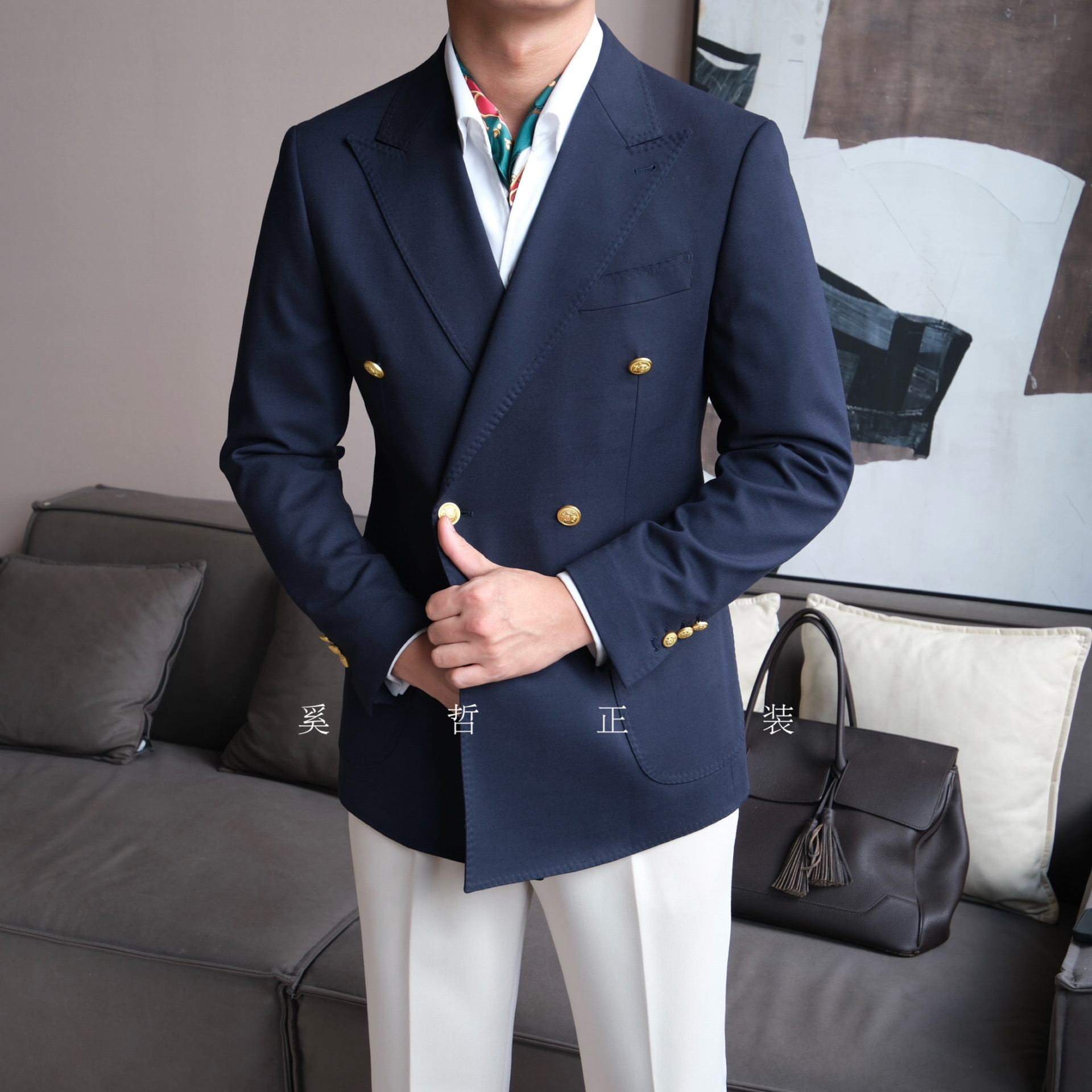 经典男士优雅绅士休闲绅士款海军蓝双排扣布雷泽金属扣单西601