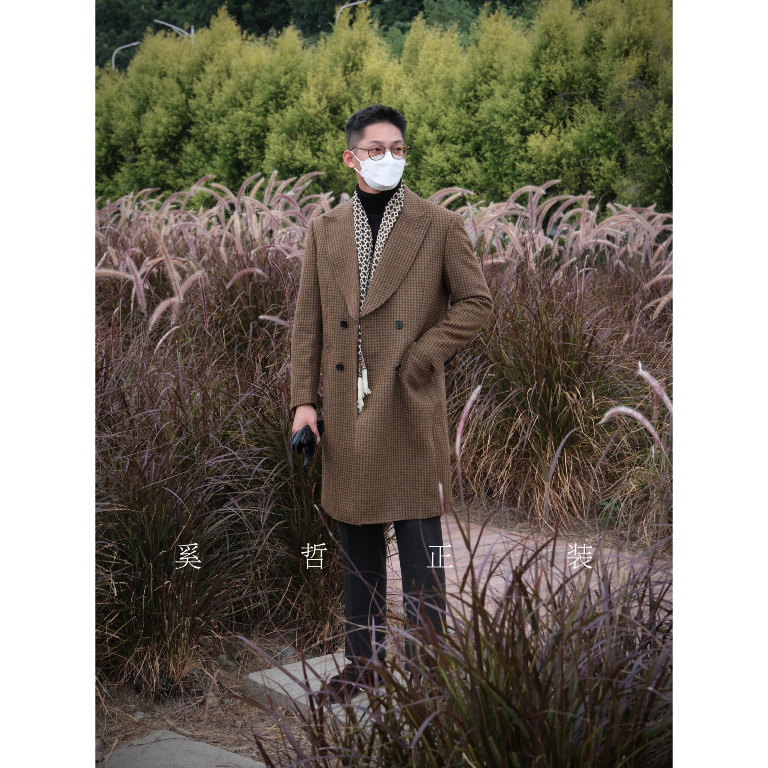 秋冬复古绅士英伦风时髦千鸟格中长款80%厚款羊毛大衣外套