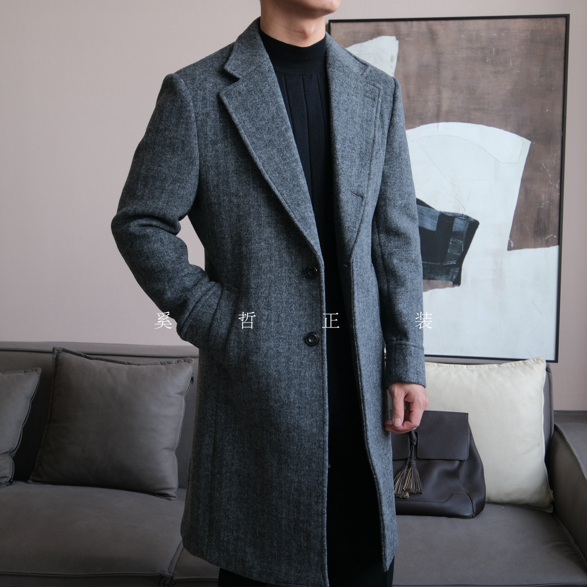 秋冬厚款商务绅士中长款单排扣高级灰羊毛大衣男士TC202