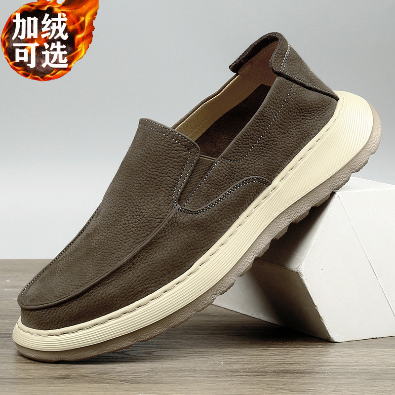 秋冬男鞋真皮男士休闲皮鞋加绒保暖一脚蹬懒人鞋软底软面皮乐福鞋