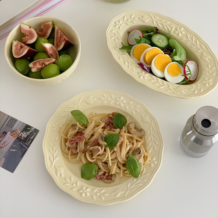 法式简约浮雕花鸟陶瓷汤盘饭碗