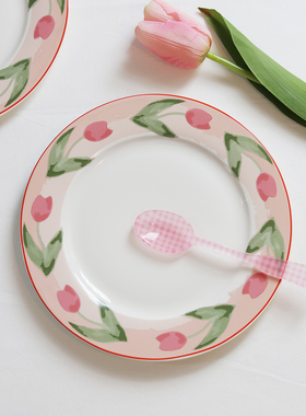 ES| 版权韩国ins风格手绘水彩郁金香餐盘骨瓷盘子8寸法式家用盘子