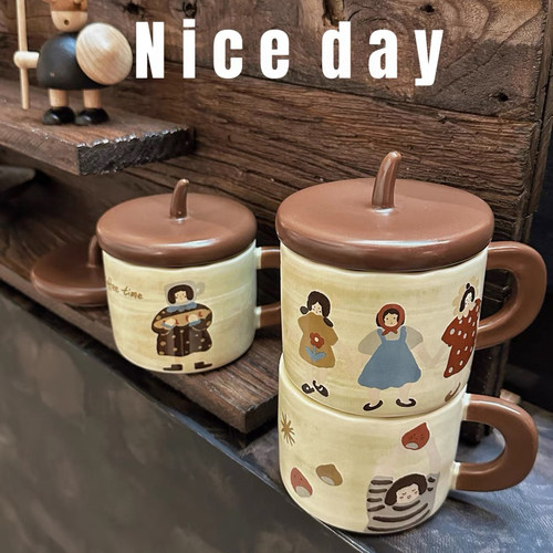 手作陶瓷杯蘑菇女孩带盖子马克杯