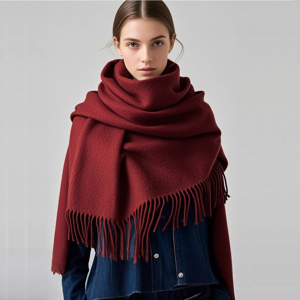 鄂尔精绒加厚100%纯羊绒围巾情侣款酒红色大披肩冬保暖围脖毛毯巾