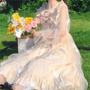 洛丽塔仙女裙子夏季日系软妹网纱蝴蝶结木耳花边羽毛连衣裙公主裙