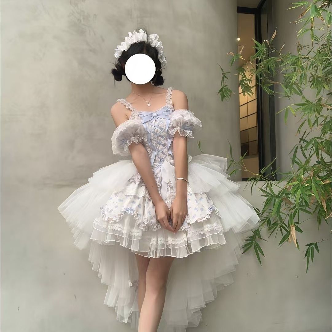 甜心拖尾Lolita一片式系带花嫁衬裙OP长款拖尾百搭jsk 单罩纱图片
