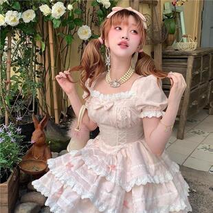 法式甜美可爱蝴蝶结夏季蛋糕连衣裙仙女小个子公主新款收腰蓬蓬裙