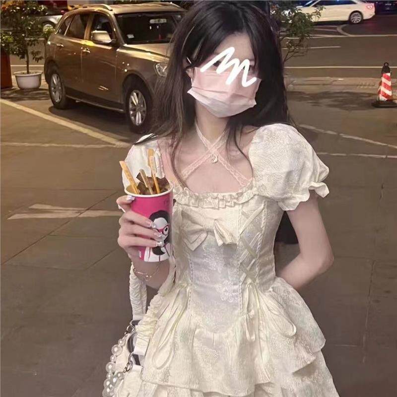 甜美学院风奶呼呼可爱蝴蝶结绑带泡泡袖连衣裙女生收腰公主蓬蓬裙