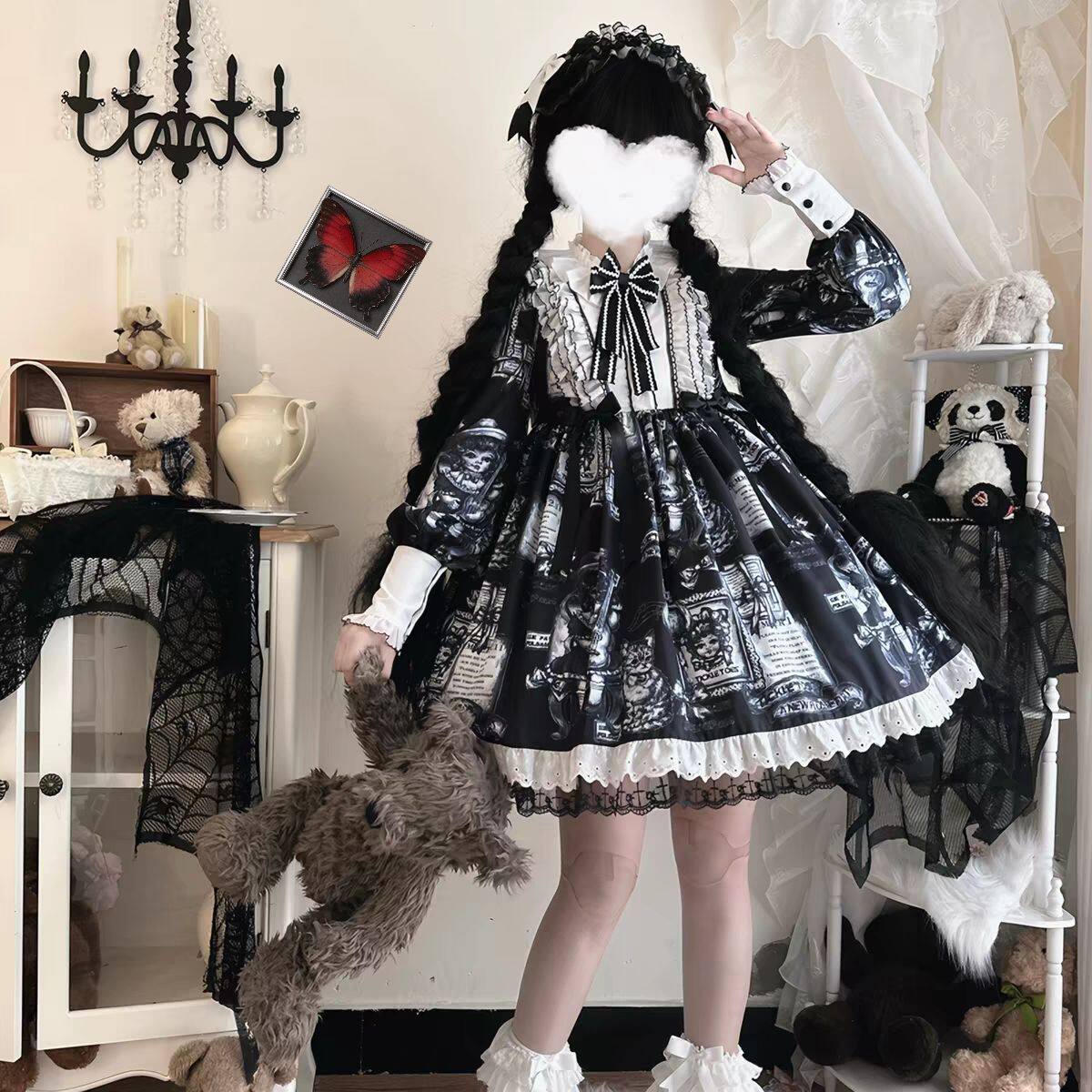 韩菇凉{独家}~原创设计古董猫lolita洋装哥特风暗黑长袖OP连衣裙
