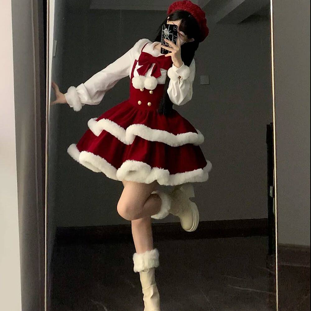 暖暖告白夜 新年圣诞战袍冬装衬衫纯欲背带裙lolita套装连衣裙子