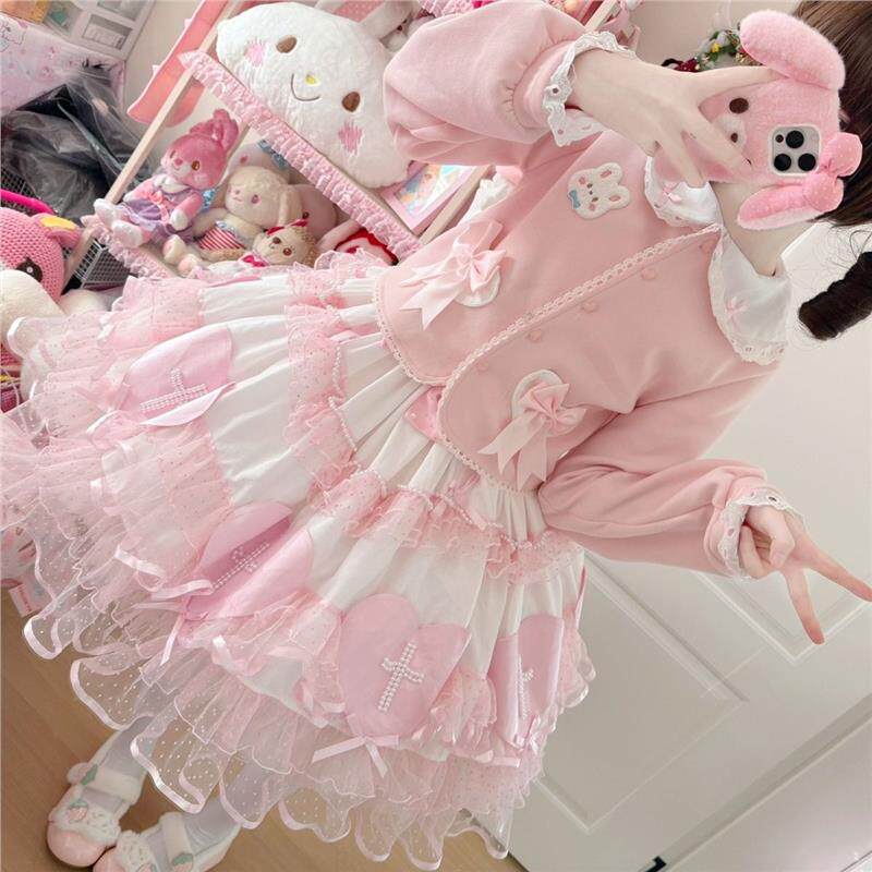 lolita粉小兔蝴蝶结开衫女日系甜美软妹可爱娃娃领蕾丝衬衣短外套