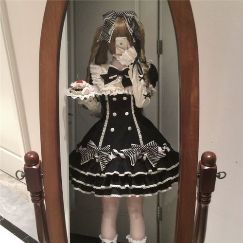 甜美条纹千层Lolita短袖OP蛋糕裙可爱公主春夏古早doll感洛丽塔