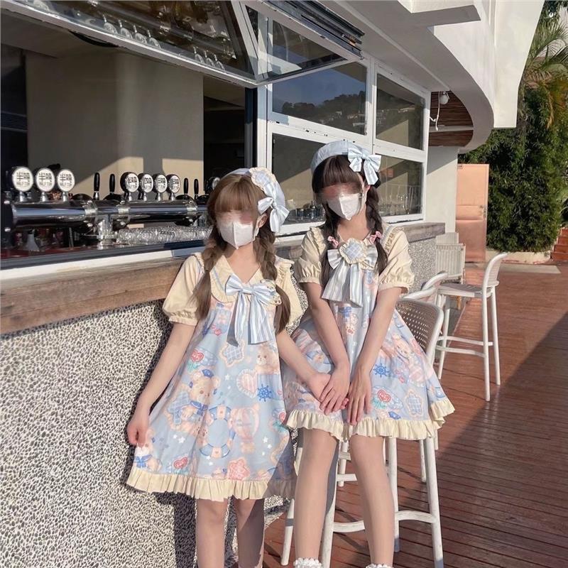 夏季新款小个子新款甜美学生娃娃领海军熊连衣裙洛丽塔日常轻lo