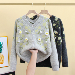 毛衣女秋冬高级感宽松加厚上衣慵懒风毛线衣立体花朵针织开衫 外套
