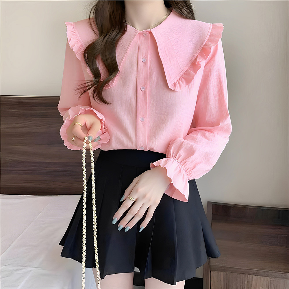 白衬衫女长袖春秋新款纯棉娃娃领上衣洋气宽松大码蕾丝打底衫外套,女装/女士精品,衬衫,淘宝优惠券,粉丝福利购,淘宝优惠卷